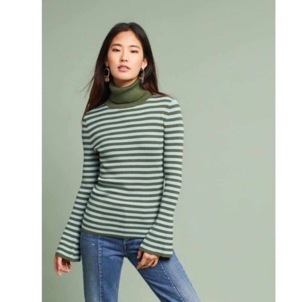 Anthropologie MOTH Bell Sleeve Ribbed Striped Turtleneck Blue and Green - XS